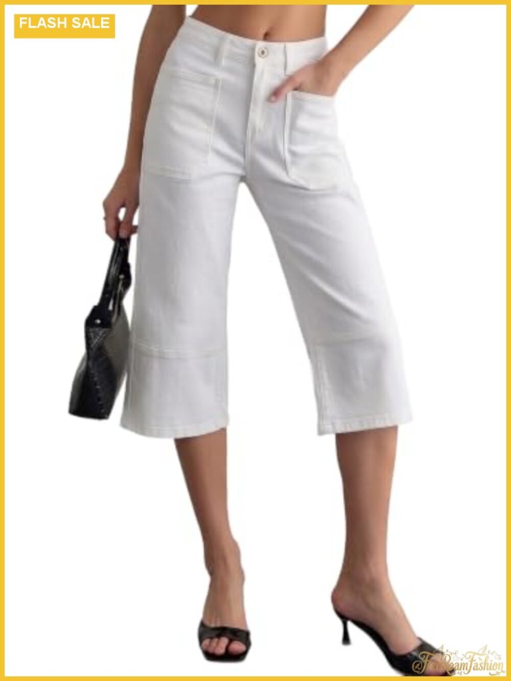 Wide Leg High Waisted Cropped Stretchy Jeans Big Pockets